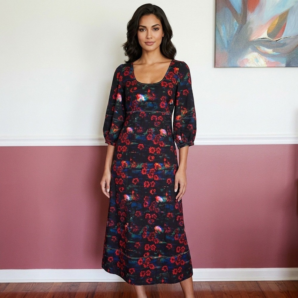 NWT Rachel Comey Target Kodak Red Floral Puff Sleeve Midi Dress Size 2 Pockets